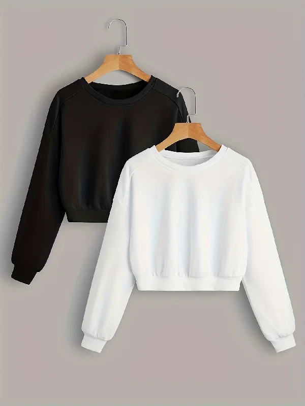 Weekend Specials to Delight Sixsr Solid Crop Sweatshirt 2 Pack, Casual Long Sleeve Sweatshirt For Spring & Fall, Women's Clothing