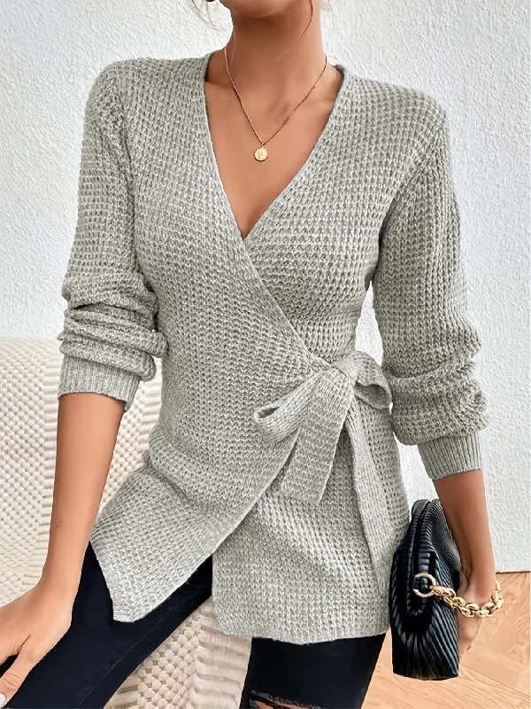 Weekend Offers That Dazzle Sixsr Plus Size Casual Sweater, Women's Plus Solid Long Sleeve Surplice Neck Knot Wrap Jumper