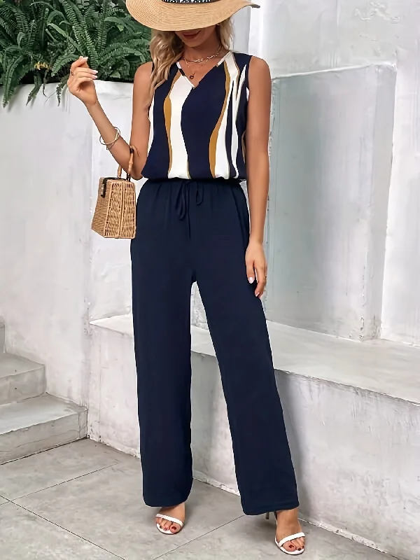 Exclusive Offer Women's two-piece Casual Outfit Set with Abstract Ripple Print Sleeveless Top and Drawstring Long Length Pants - Comfortable and Stylish