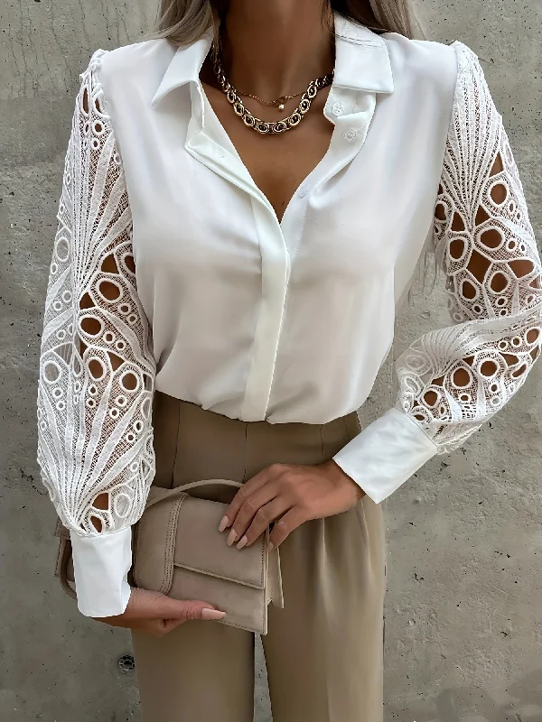 Deal of the Day Women's V-Neck Casual Blouse Lace Long Sleeve Shirt Lantern Sleeve Top Work Button T-Shirt
