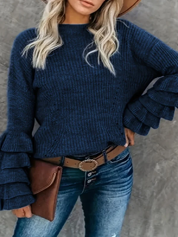 Discount Mania Sixsr Plus Size Elegant Sweater, Women's Plus Solid Layered Sleeve Round Neck Pullover Sweater