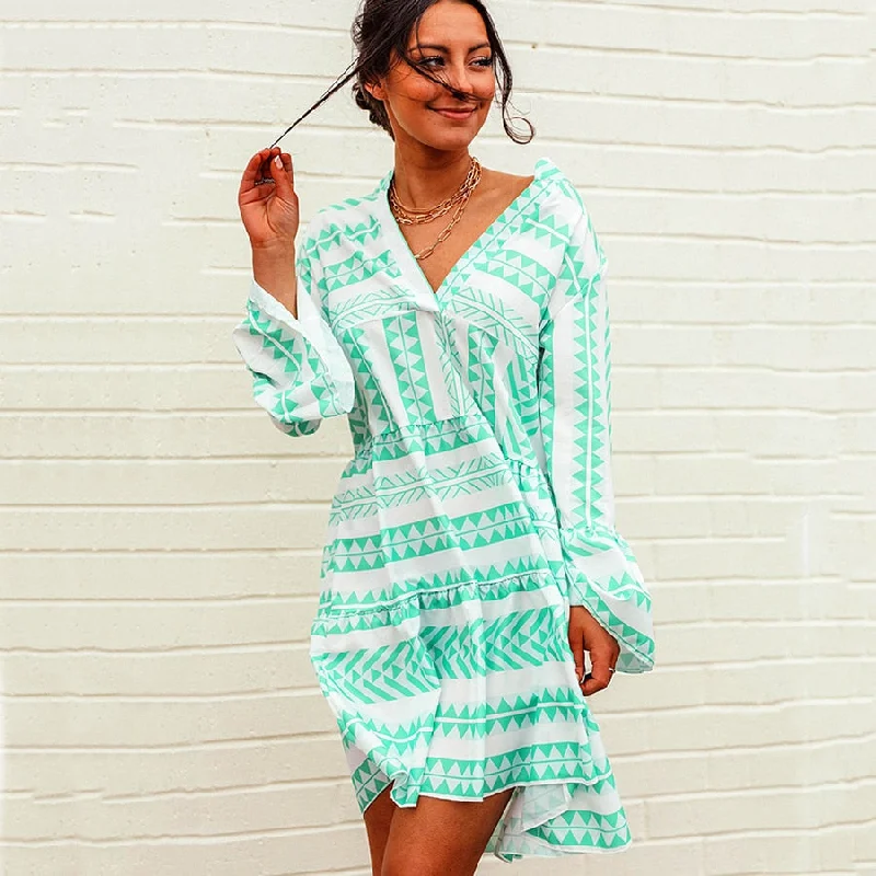Weekend Shopping Bliss V neck Swing Women Daily Cotton Bell Sleeve Printed Tribal Summer Dress