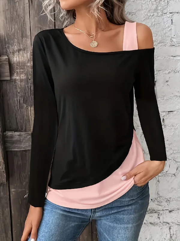 Weekend Savings Bonanza Sixsr Plus Size Casual Top, Women's Plus Colorblock Long Sleeve One Shoulder Medium Stretch Top
