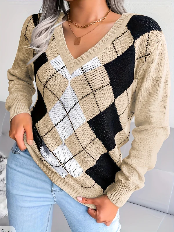 Weekend Offers That Shine Sixsr Plus Size Casual Sweater, Women's Plus Colorblock Gingham Print V Neck Long Sleeve Slight Stretch Pullover Sweater