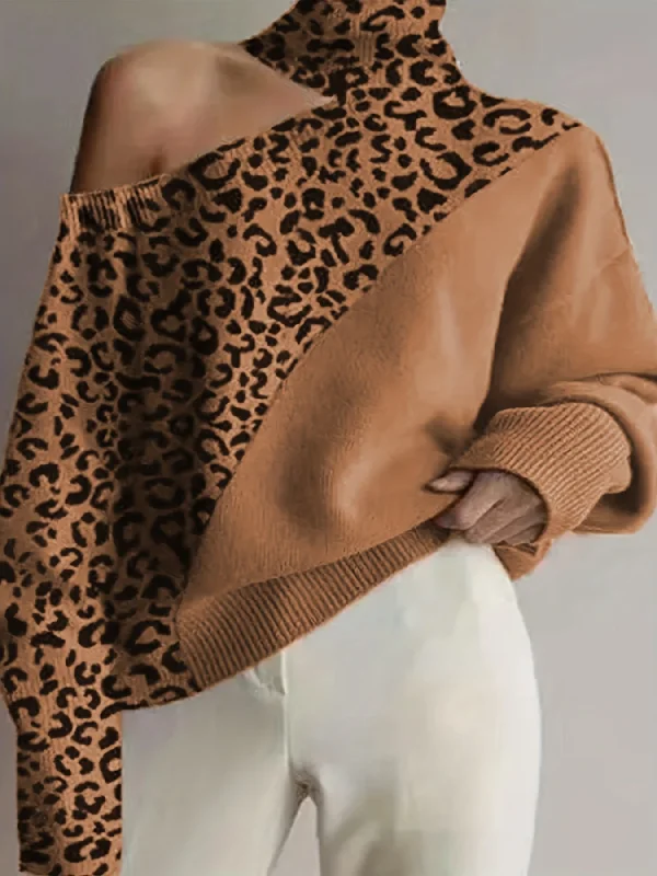 Weekend Bargains Await You Sixsr Plus Size Casual Sweater, Women's Plus Leopard One Shoulder Long Sleeve Mock Neck Pullover Jumper