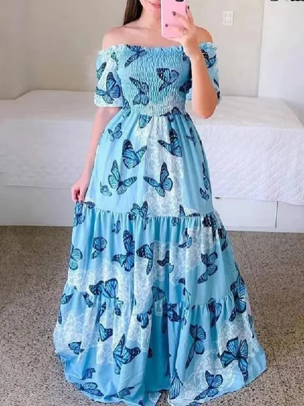 Take Action Women's  Butterfly Summer Dress Tube Top Short Sleeve Ruffle Hem A Line Date Night Robes Vacation Bohemian Maxi Dresses XXXL