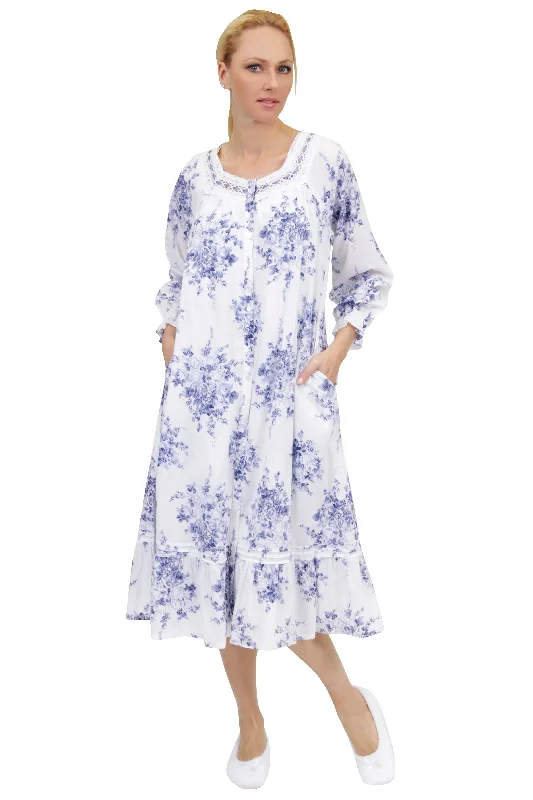 100% Cotton Lace Trim Flounce Robe Gown- Blue and White Floral Print