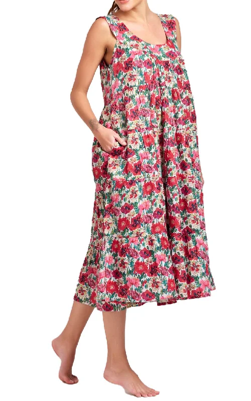 Arabella 100% Cotton Nightgown Sleeveless Tiered in Red Floral MD-764F4