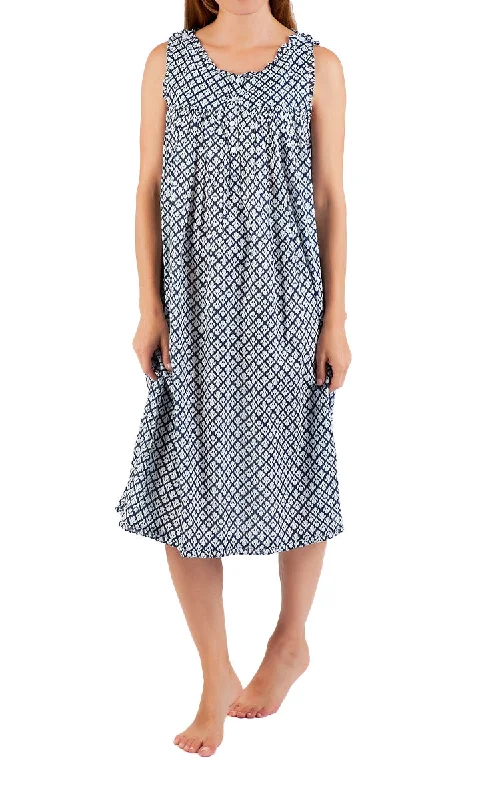 Arabella 100% Cotton Nightgown Sleeveless with Button Up Shoulder in Navy Print MD-7X