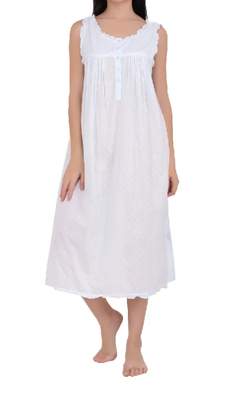 Arabella 100% Cotton Nightgown Sleeveless with Button Up Shoulder in Soft Blue MD-7B1