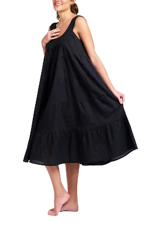 Arabella 100% Cotton Nightgown Sleeveless Tiered in Black MD-764BK