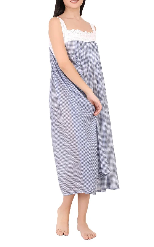 Arabella 100% Cotton Nightgown Sleeveless in Blue Gingham MD-78EE