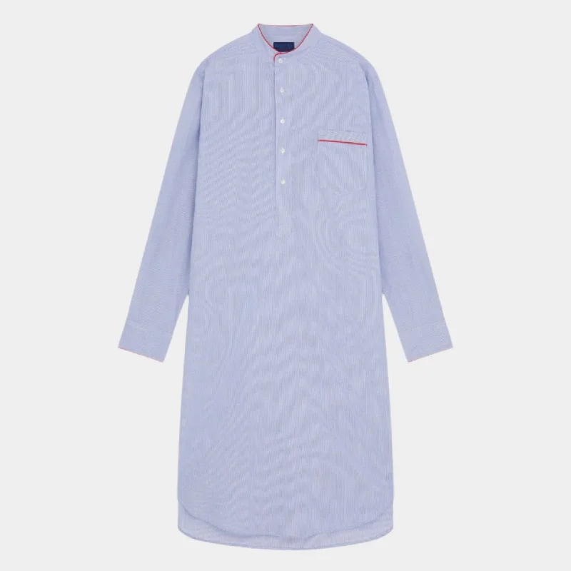 Blue Fine Bengal Stripe Cotton Nightshirt With Red Piping