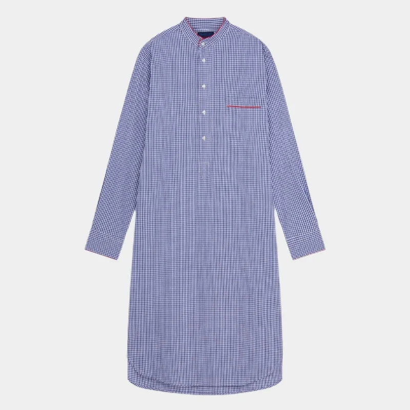 Blue Gingham Check Cotton Nightshirt With Red Piping