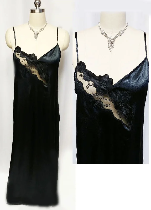 *NEW OLD STOCK - MADE IN ITALY '80S BLACK SATIN NIGHTGOWN WITH FLORAL & LEAF APPLIQUES