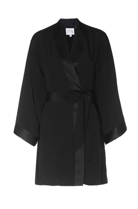 Silk Charmeuse Short Silk Robe: Black