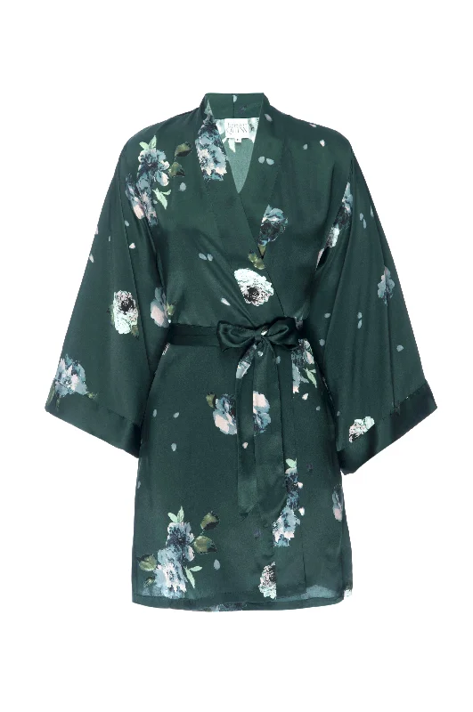 Silk Charmeuse Short Silk Robe: Emerald Rose Print