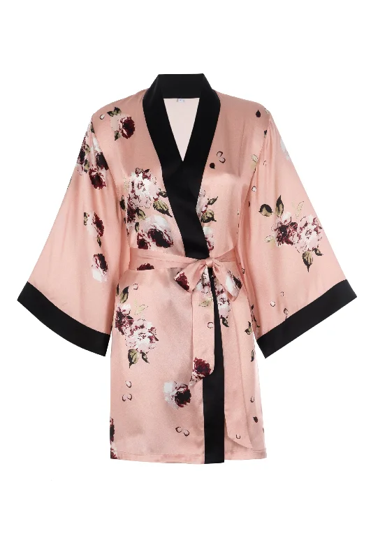 NEW Silk Charmeuse Short Robe: Blush Floral Print