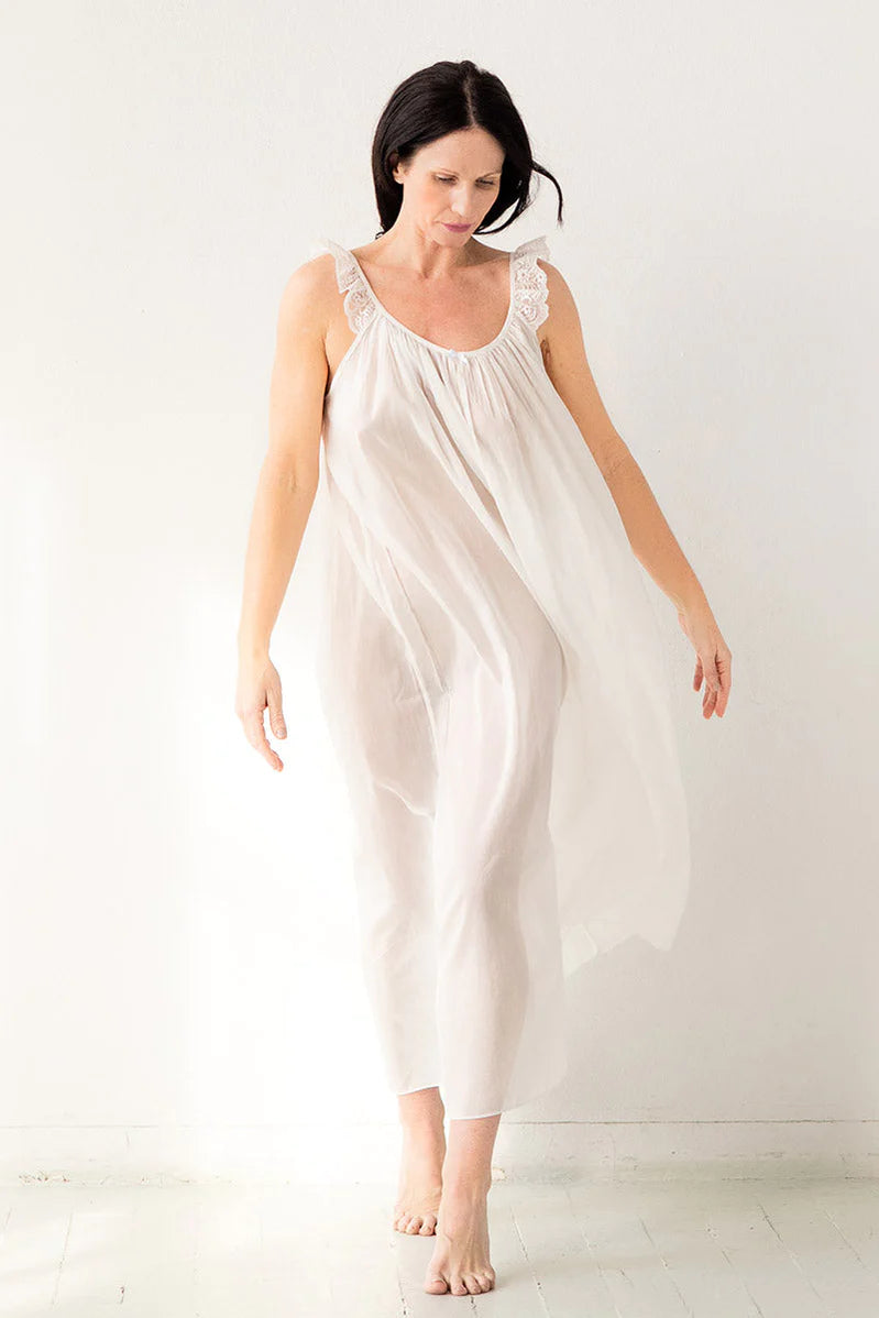 SALUA~ Betty long sheer nightgown w lace trim straps