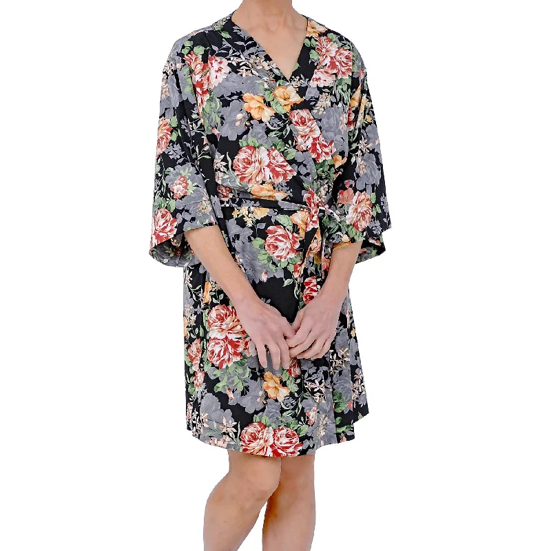 Short Black Ground Floral Print Wrap Robe