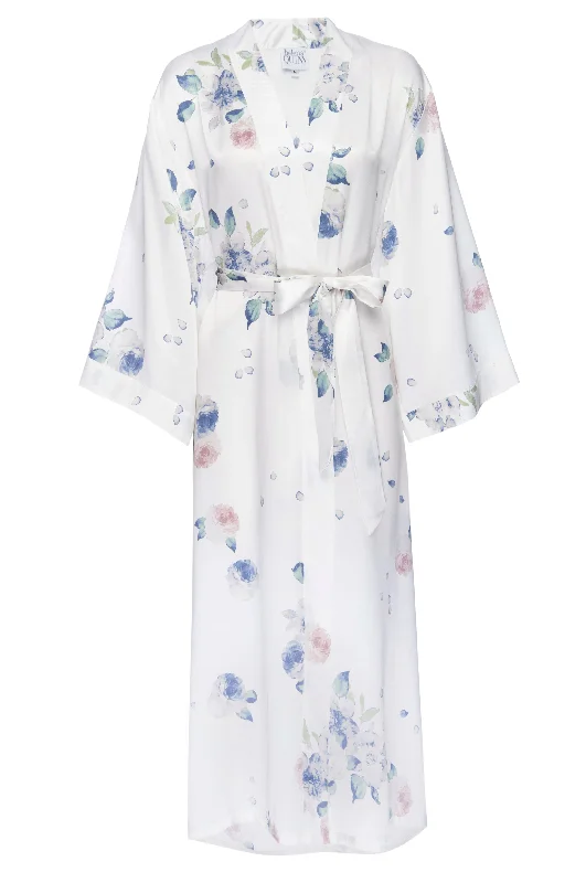 Silk Charmeuse Long Silk Robe: Ivory Floral Print