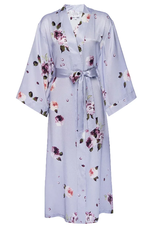 Silk Charmeuse Long Silk Robe: Light Blue Floral Print