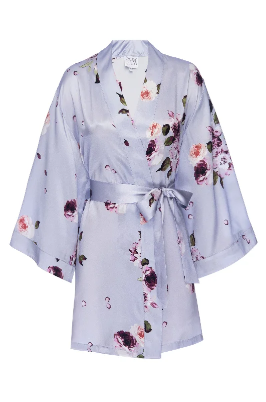 Silk Charmeuse Short Silk Robe: Light Blue Floral Print