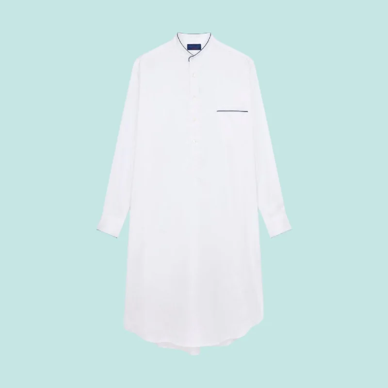 White Herringbone Cotton Nightshirt With Navy Piping