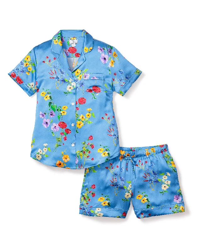 Women's Silk Pajama Short Set in Brilliant Botanical Azure