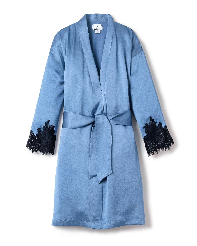 Women's Silk Lace Robe in Mystique Blue