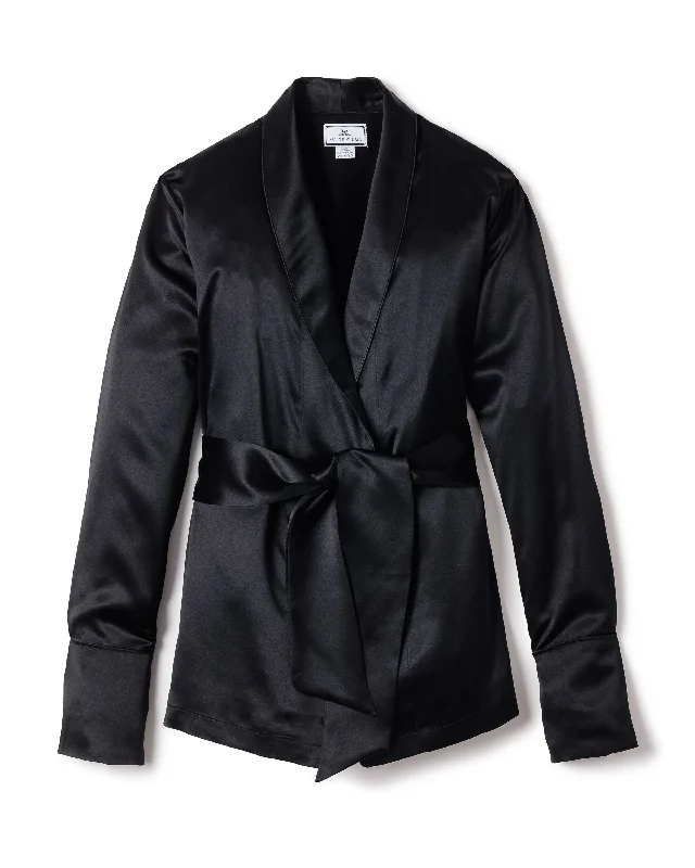 Women's Silk Short Robe in Black