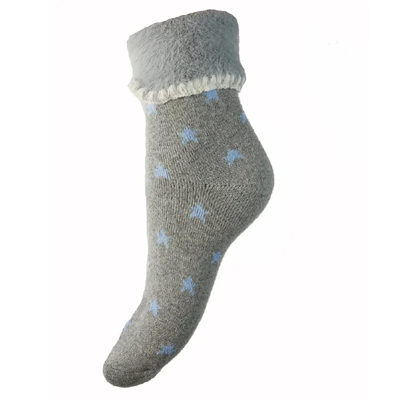 Grey cuff socks with blue stars and faux fur cuff