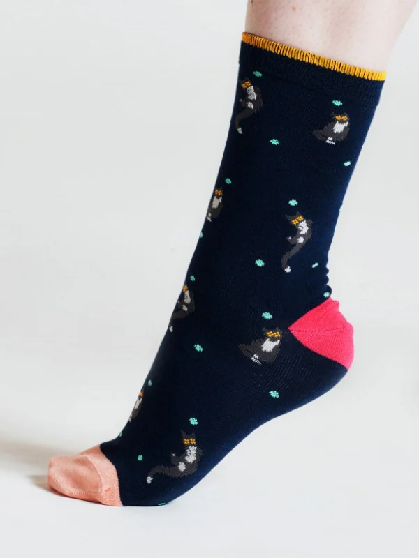 Serafina Cat Bamboo Socks - Navy