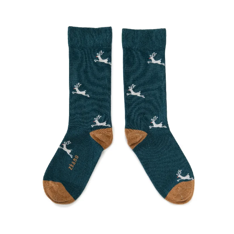 Flying Reindeer - Organic Cotton Crew Socks - Evergreen